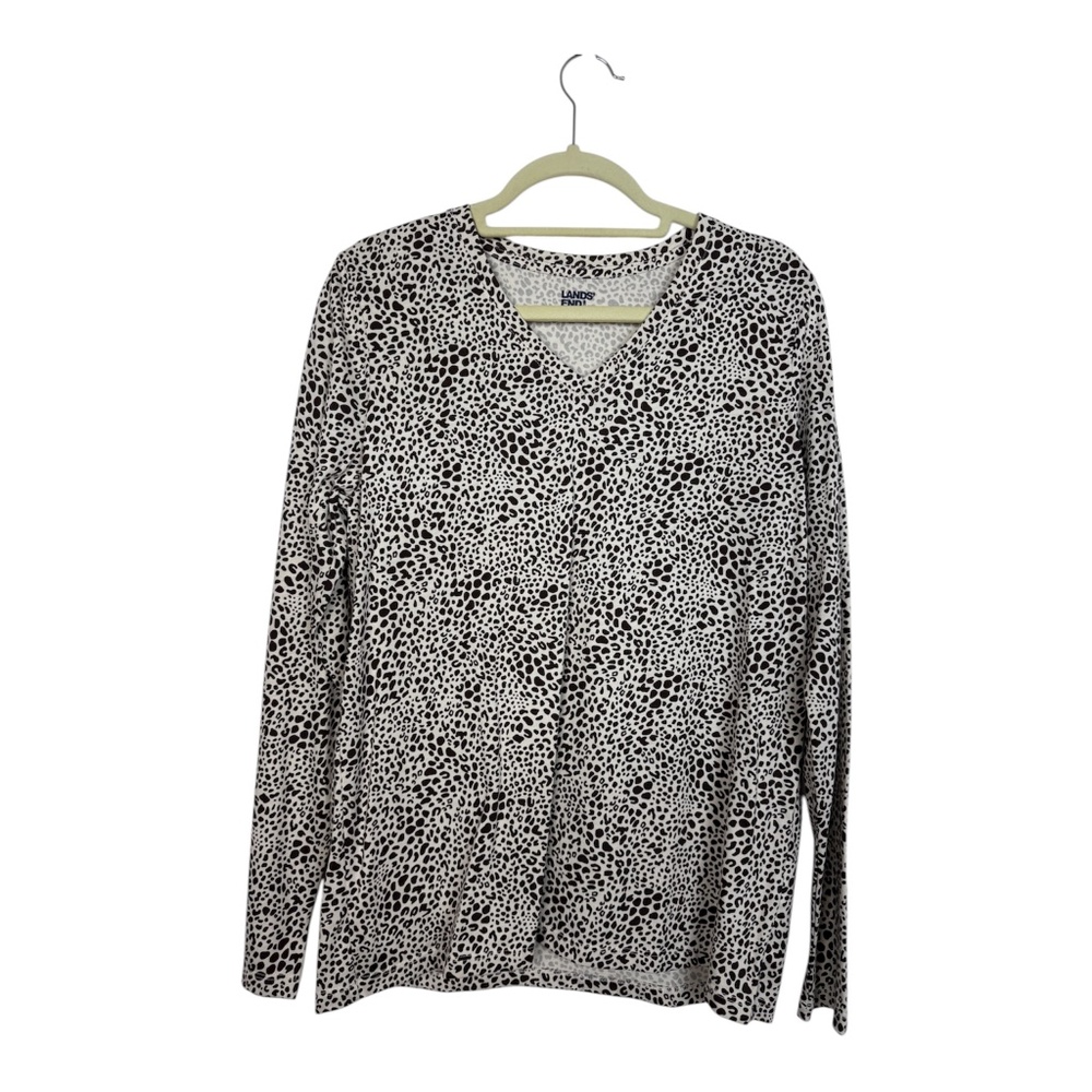 Land's End Beige Leopard Animal Print Long Sleeve V-neck Sweater